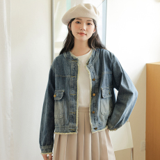 批发2026新款设计感小众<b class='q'>百搭</b>美式复古圆领牛仔外套女短款毛边上衣
