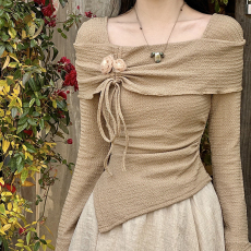 批发<b class='q'>韩国</b>外贸气质女秋季设计感修身T恤一字肩上衣不规则氛围感上衣