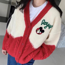 欧货米奇图案撞色毛衣外套2022新款女宽松加厚洋气冬v领针织开衫