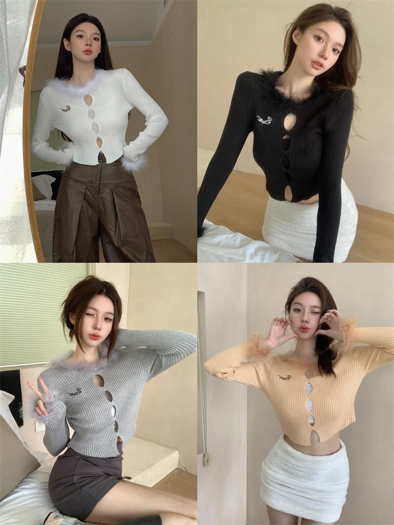 Actual shot Korean style niche design furry edge hollow embroidered letter sweater long-sleeved top