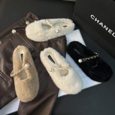 批发秋<b class='q'>冬</b>新款包头拖铁链珍珠扣一脚蹬懒人毛毛鞋加绒加棉豆豆女鞋