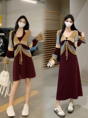 实拍～大码秋季新款显瘦氛围感时髦挂脖针织罩衫连衣裙闺蜜套装
