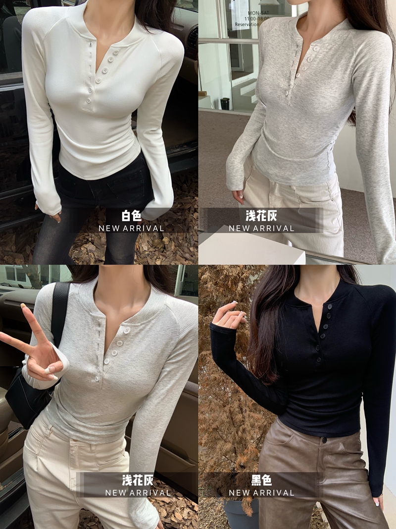 實拍秋美式辣妹風半扣領短款修身顯瘦螺紋長袖T恤內搭打底衫