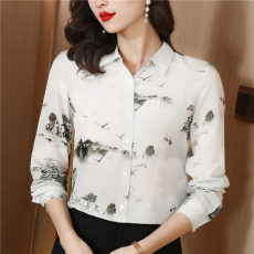 批发杭州双绉<b class='q'>真丝</b><b class='q'>衬衫</b>女长袖2026秋新款气质<b class='q'>衬衣</b>山水画印花桑蚕丝上衣