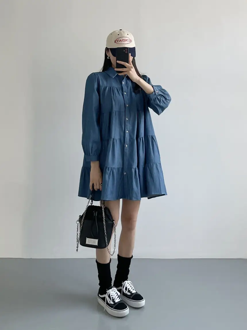 프렌치 퍼프소매 단추 티어드 데님 원피스 상세 이미지 3