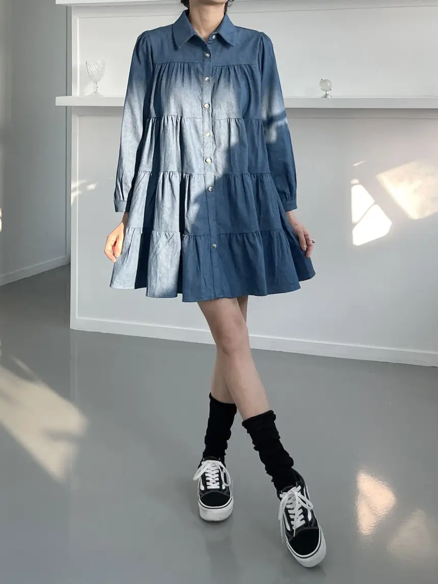 프렌치 퍼프소매 단추 티어드 데님 원피스 상세 이미지 4