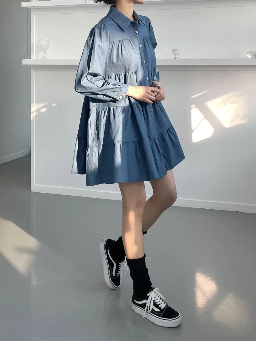 프렌치 퍼프소매 단추 티어드 데님 원피스 상세 이미지 6