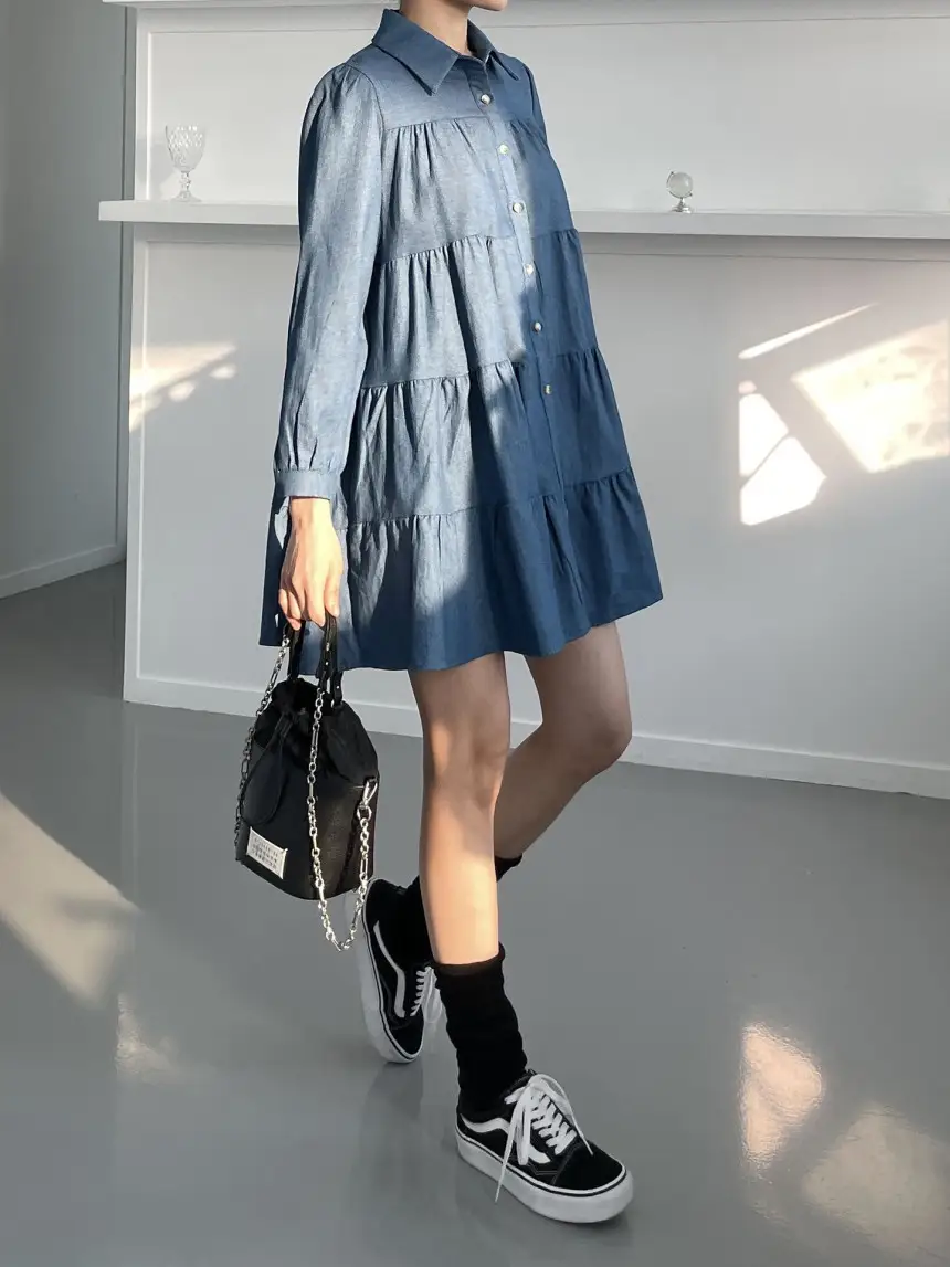 프렌치 퍼프소매 단추 티어드 데님 원피스 상세 이미지 9