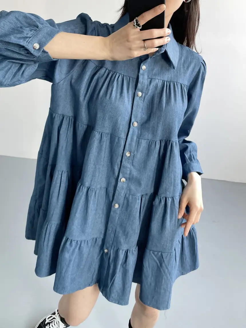 프렌치 퍼프소매 단추 티어드 데님 원피스 상세 이미지 13