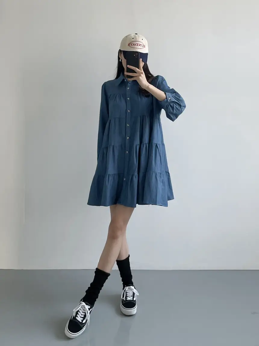 프렌치 퍼프소매 단추 티어드 데님 원피스 상세 이미지 14