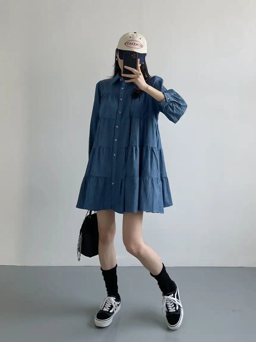 프렌치 퍼프소매 단추 티어드 데님 원피스 상세 이미지 16