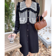 批发实拍大码女装2025针织<b class='q'>连衣裙</b>千鸟格小香风娃娃领单排扣显瘦裙子女