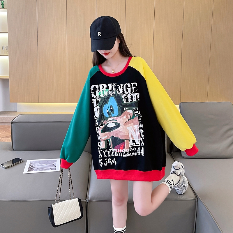 Real shot of pure cotton Chinese cotton back collar Korean style loose contrast printed round neck sweatshirt for women