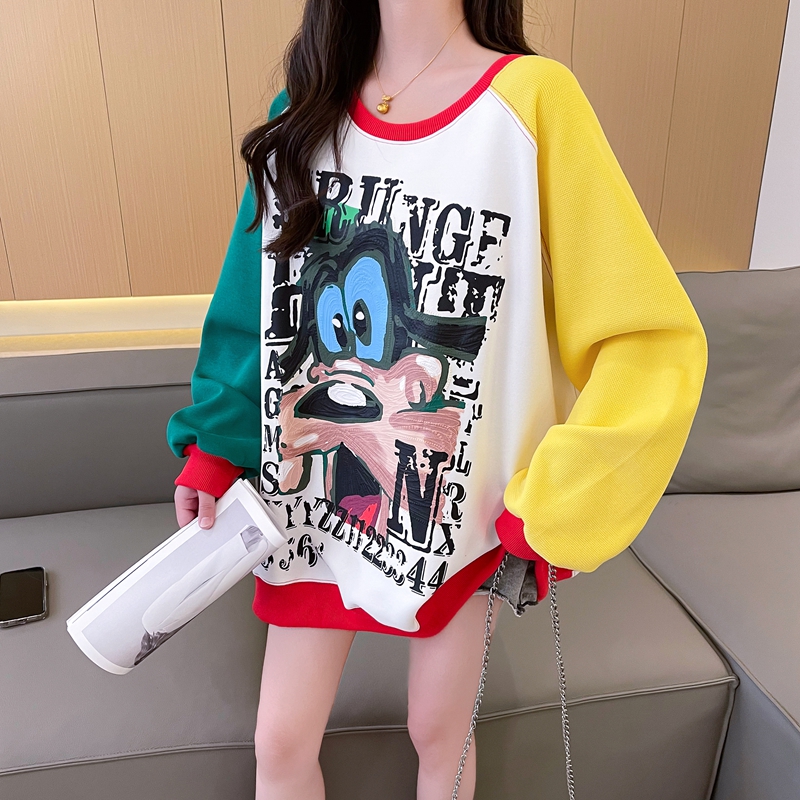 Real shot of pure cotton Chinese cotton back collar Korean style loose contrast printed round neck sweatshirt for women