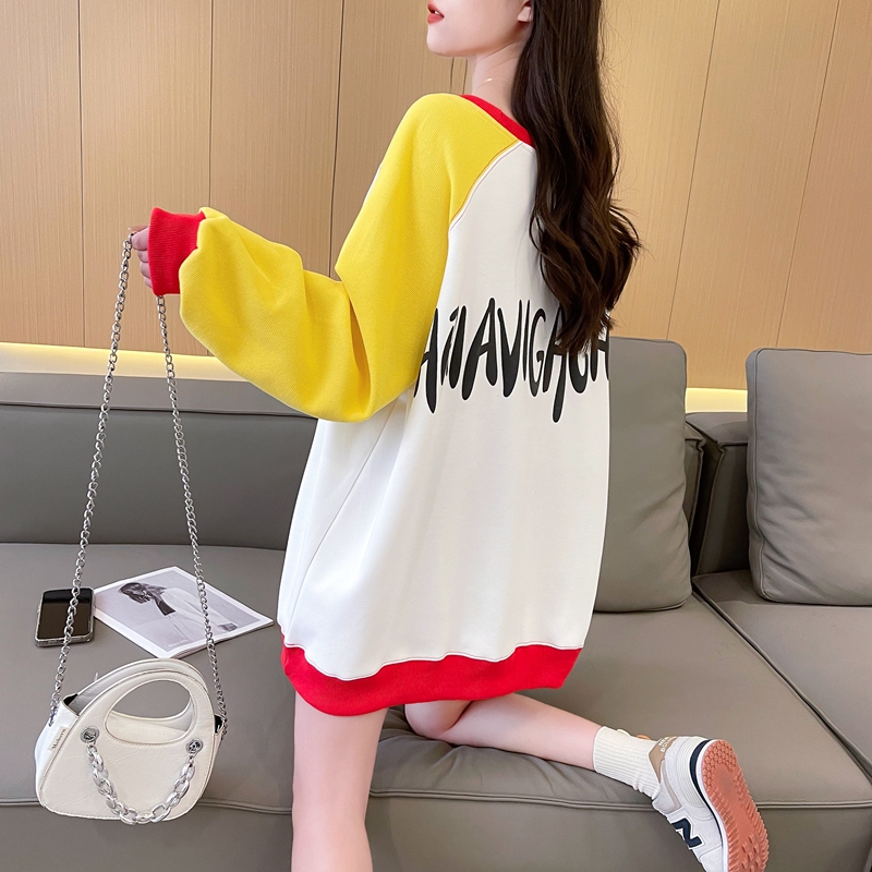 Real shot of pure cotton Chinese cotton back collar Korean style loose contrast printed round neck sweatshirt for women