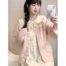 批发日系甜美圆领毛衣外套女学生针织开衫+娃娃领碎花<b class='q'>连衣裙</b>两件套装