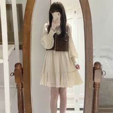 批发两件套装甜美软妹木耳边系带连衣裙子女学生+复古简约夹克小马甲