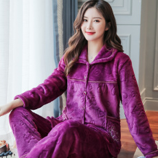 批发大码秋冬季法兰绒睡衣女士保暖中老年套装活腰珊瑚绒妈妈装家居服