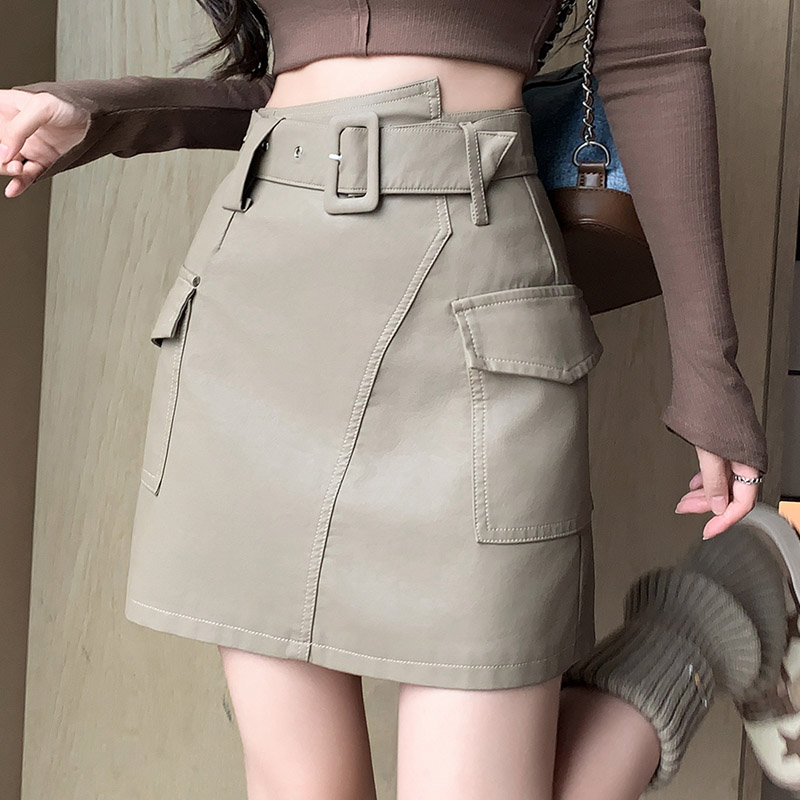 PF21372#好质量PU皮半身裙秋冬韩版不规则A字短裙高温洗水高腰休闲工装裙女裝貨源服裝批發