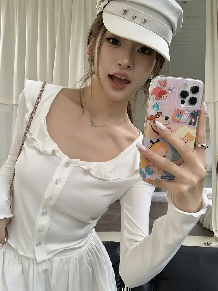 프릴 V넥 면 가디건 상세 이미지 7