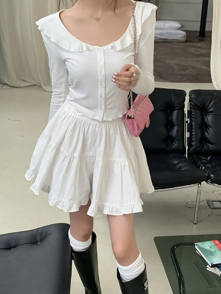 프릴 V넥 면 가디건 상세 이미지 9