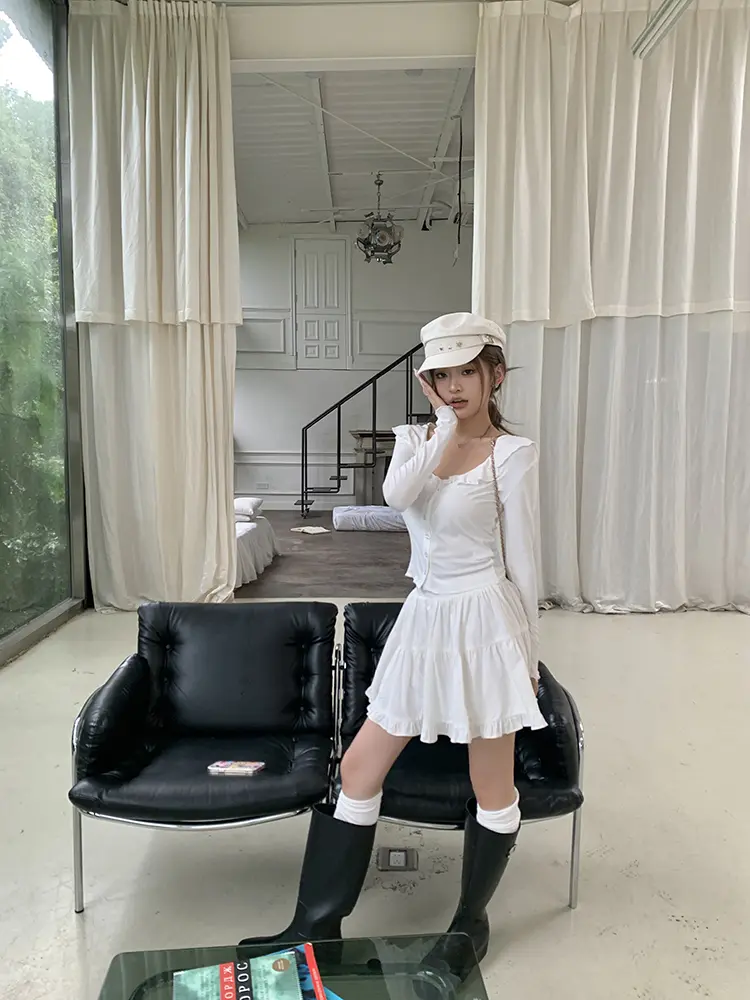 프릴 V넥 면 가디건 상세 이미지 13