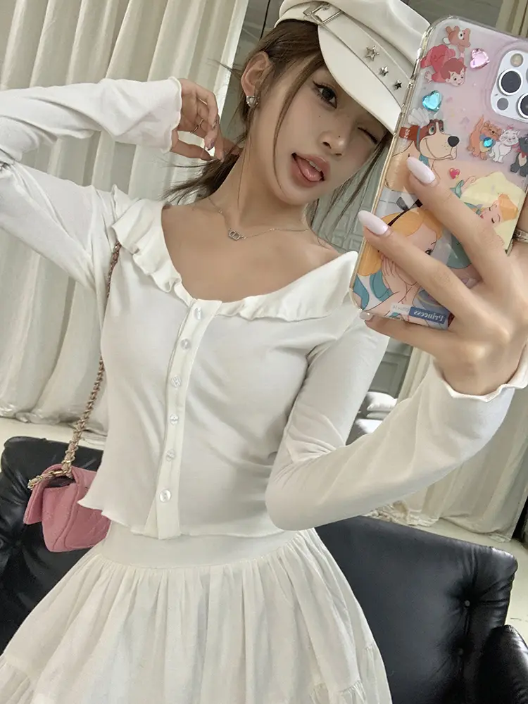 프릴 V넥 면 가디건 상세 이미지 15