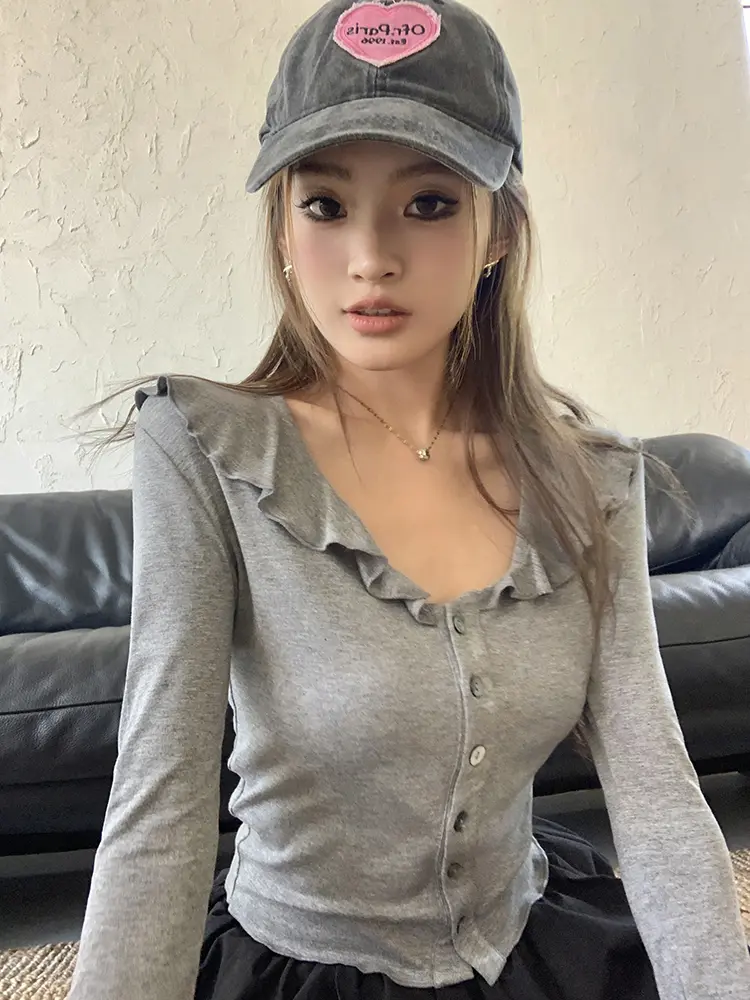 프릴 V넥 면 가디건 상세 이미지 17