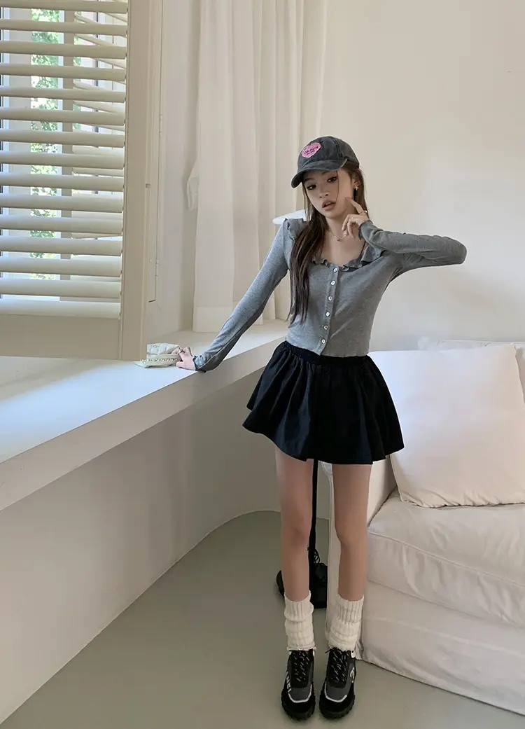 프릴 V넥 면 가디건 상세 이미지 23