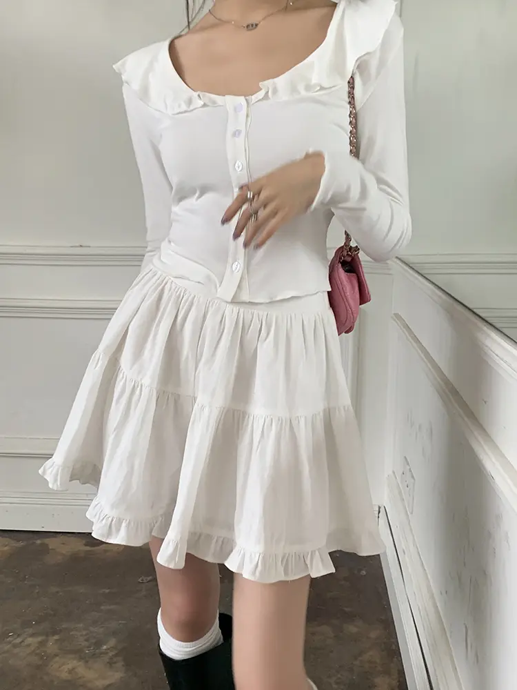 프릴 V넥 면 가디건 상세 이미지 27