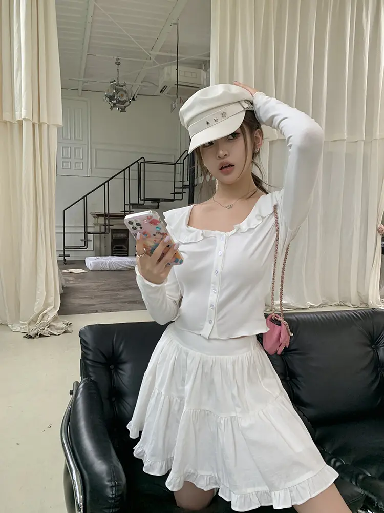 프릴 V넥 면 가디건 상세 이미지 35