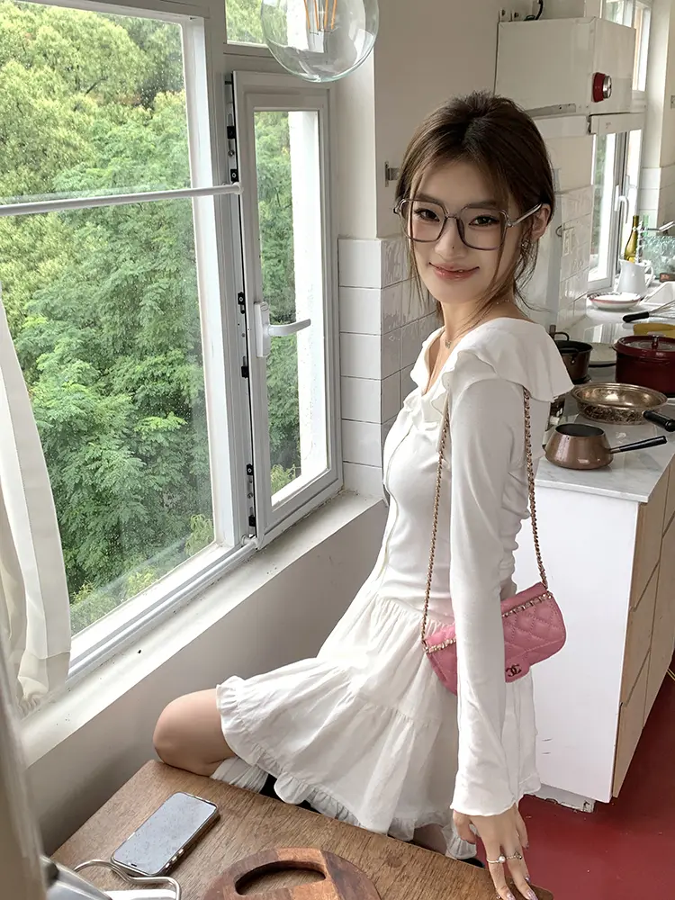 프릴 V넥 면 가디건 상세 이미지 37
