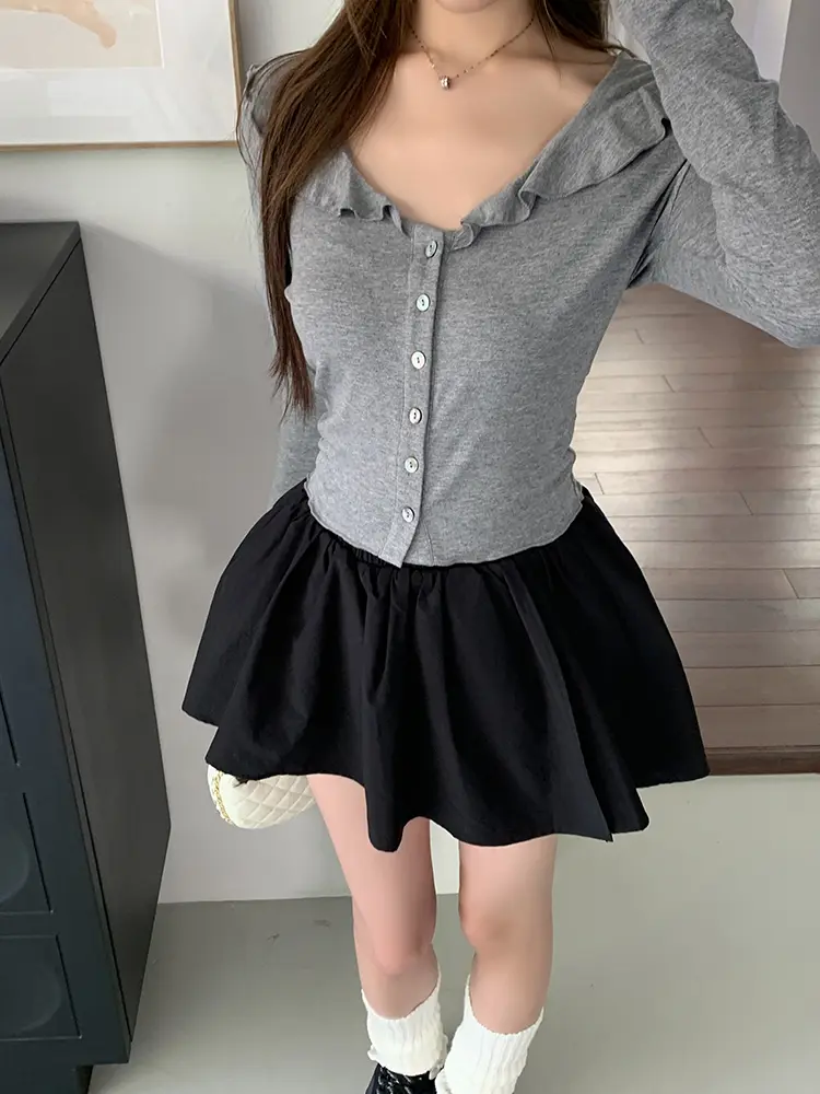 프릴 V넥 면 가디건 상세 이미지 43