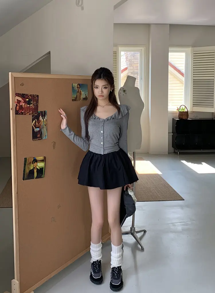 프릴 V넥 면 가디건 상세 이미지 47