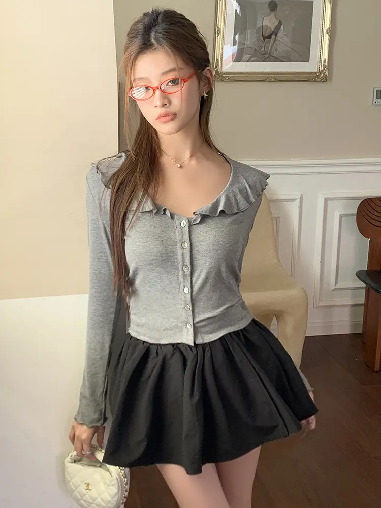 프릴 V넥 면 가디건 상세 이미지 49