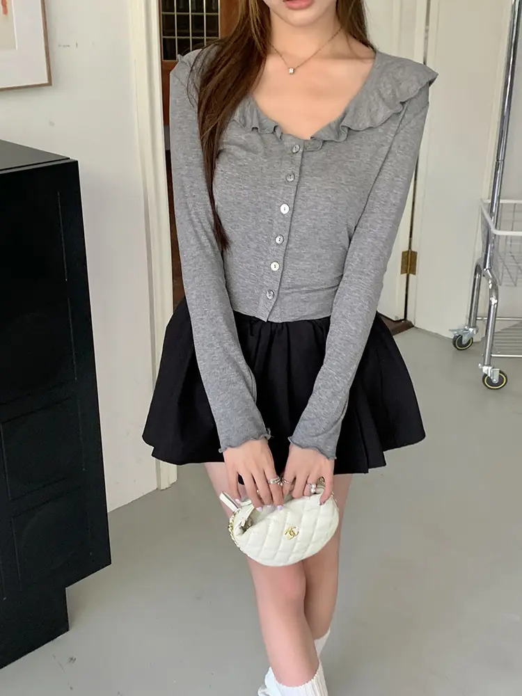 프릴 V넥 면 가디건 상세 이미지 51