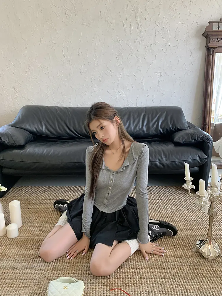 프릴 V넥 면 가디건 상세 이미지 57
