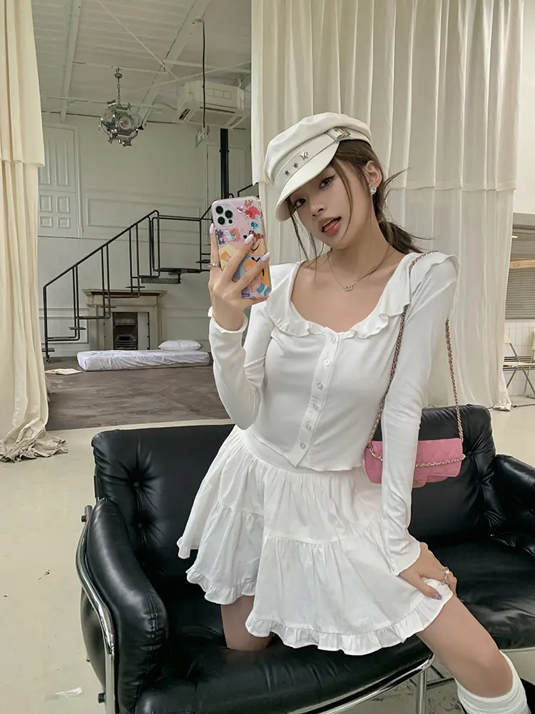 프릴 V넥 면 가디건 상세 이미지 59