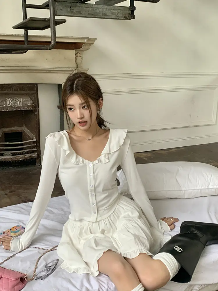 프릴 V넥 면 가디건 상세 이미지 65