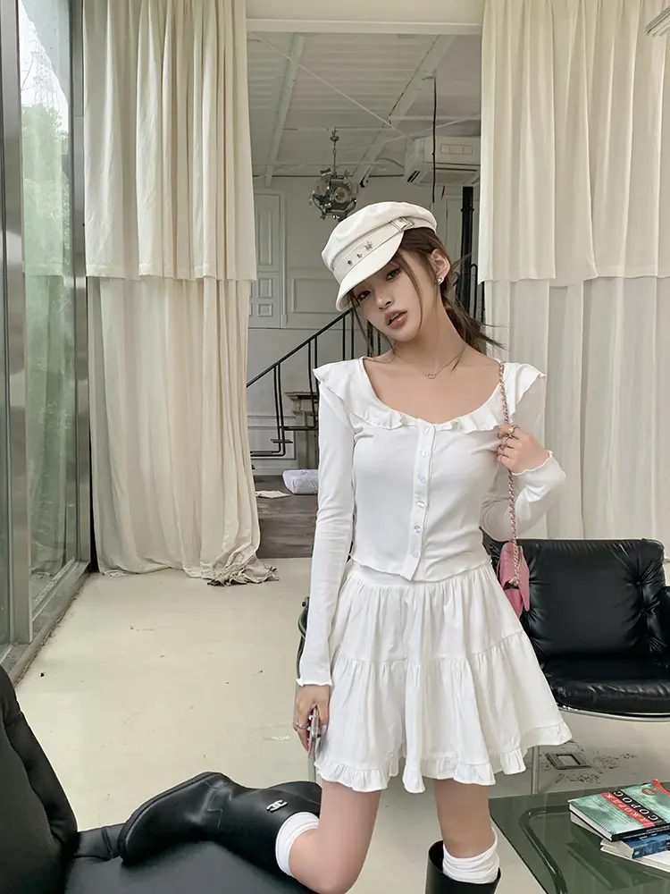 프릴 V넥 면 가디건 상세 이미지 67