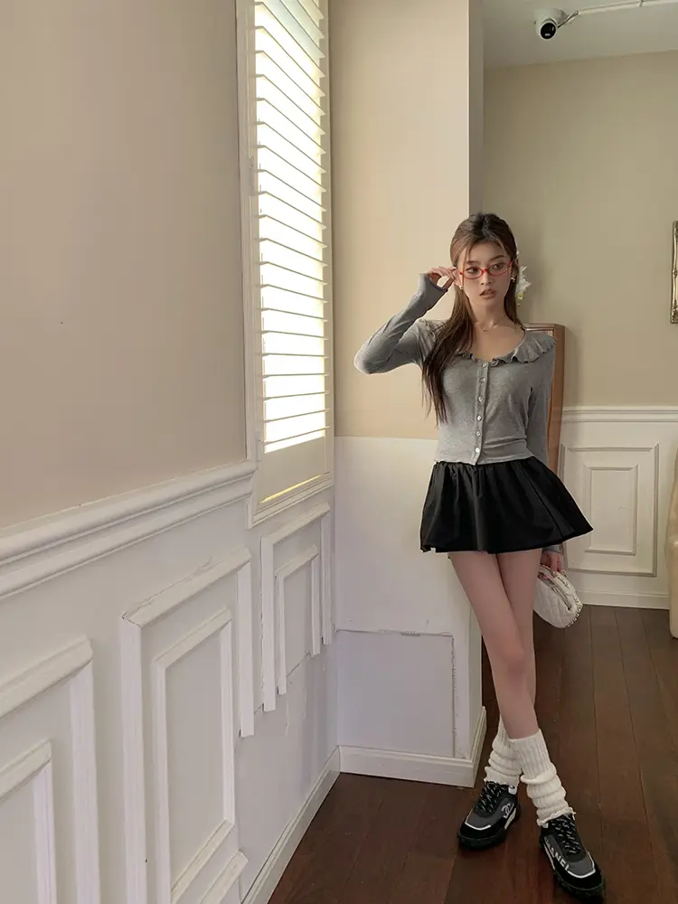 프릴 V넥 면 가디건 상세 이미지 69