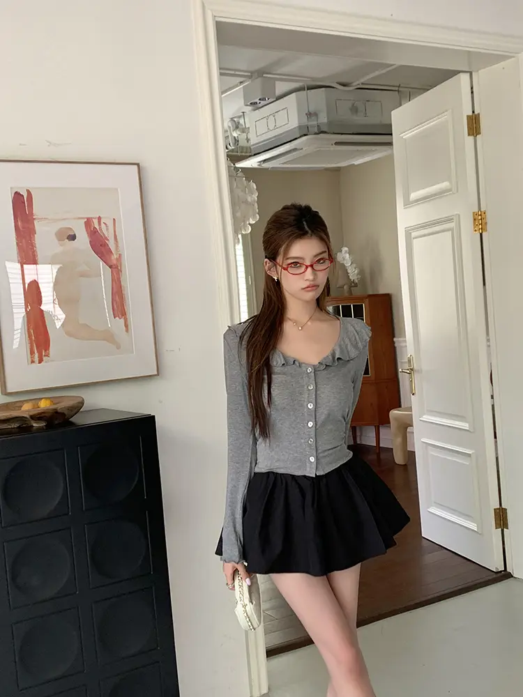 프릴 V넥 면 가디건 상세 이미지 71