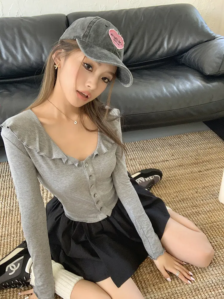 프릴 V넥 면 가디건 상세 이미지 73
