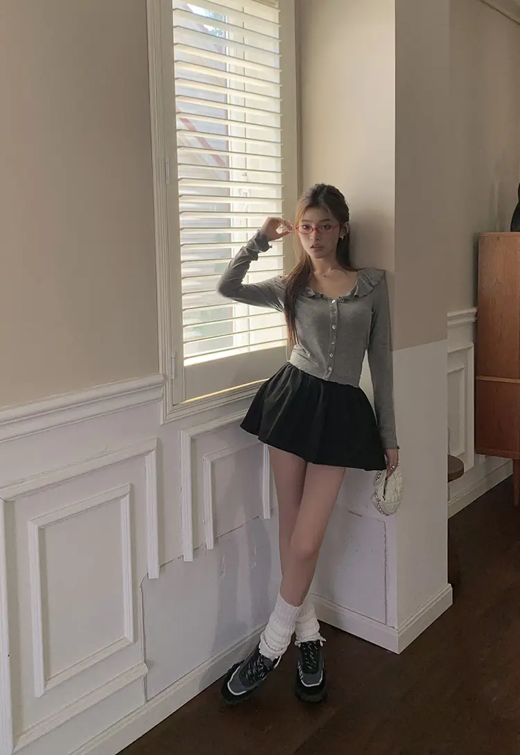 프릴 V넥 면 가디건 상세 이미지 75