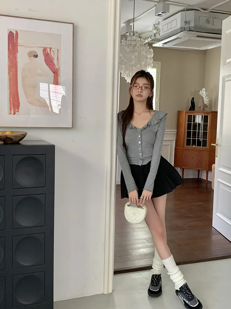 프릴 V넥 면 가디건 상세 이미지 77