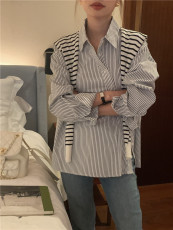 实拍实价 韩版法式复古斜领设计感条纹长袖衬衫 现货