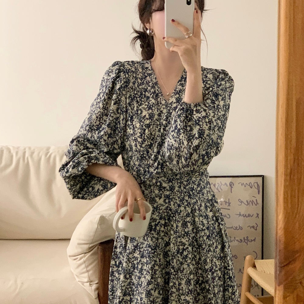 가을 있음 밖으로 프랑스식 품격 고급 센스 소금 부서 착용 가져 가라. V넥 꽃무늬 긴팔 하나 슬라이스 드레스 중간 길이
