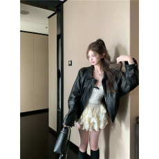 批发酷辣<b class='q'>机车</b><b class='q'>皮衣</b>夹克新款黑色复古翻领上衣短款外套