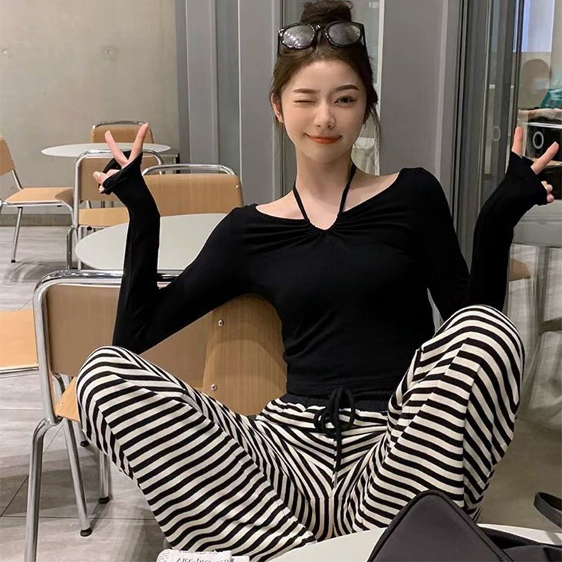 있음 선적 원본 한국 대외 무역 한국 스타일 280 그램 리브 가을 핫걸 행침 목 긴팔 티셔츠 태양 보호 셔츠 여성