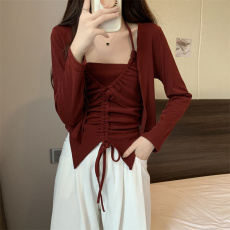 批发实拍 纯欲战神微胖mm纯欲辣妹设计款抽绳吊带+长袖开衫两件套